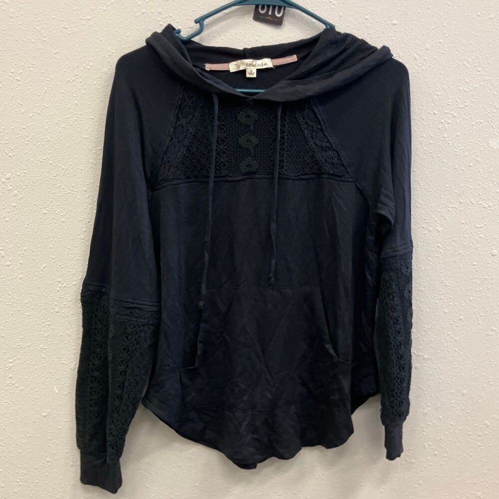 Rewind pull over crochet sleeve hooded sweater Small boho whimsigoth 740